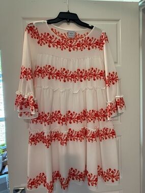 ViVI Cream Dress with Red Floral Embroidery